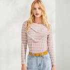 Shein Frill Trim Striped Ribbed Tee