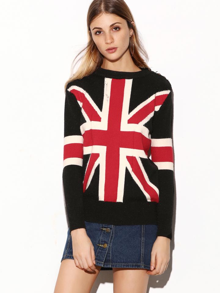 Shein Black England Flag Pattern Button Ripped Sweater