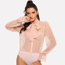 Shein Tie Neck Smocked Cuff Blouse Bodysuit
