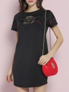 Shein Black Embroidered Hollow Shift Dress