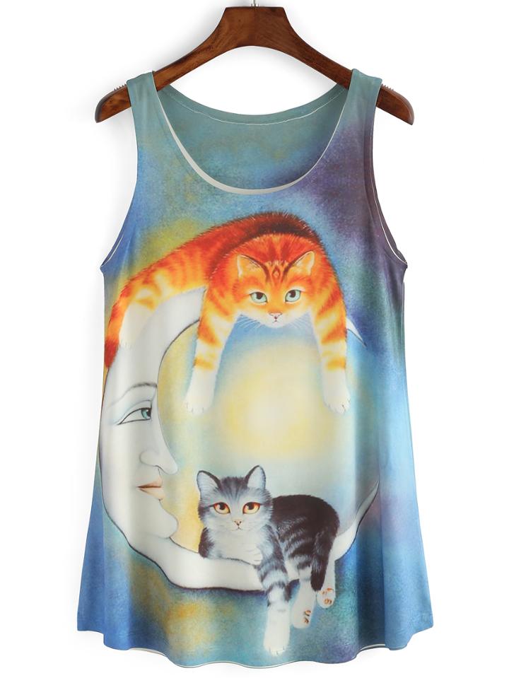 Shein Multicolor Round Neck Cat Print Tank Top