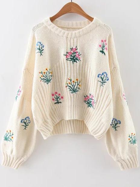 Shein White Flower Embroidery Drop Shoulder Sweater