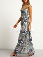 Shein Multicolor Vintage Print Backless Lace Strap Maxi Dress