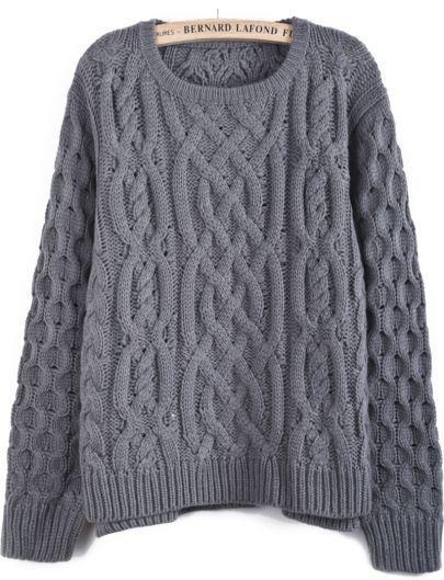 Shein Grey Long Sleeve Cable Knit Dipped Hem Sweater