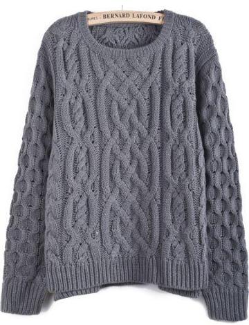 Shein Grey Long Sleeve Cable Knit Dipped Hem Sweater