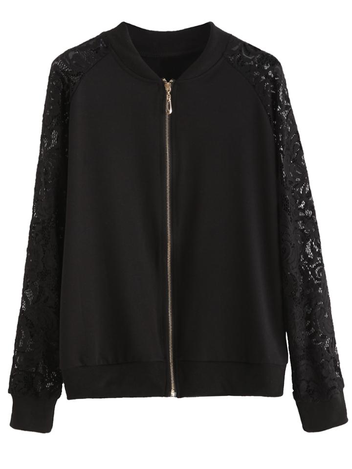 Shein Black Lace Raglan Sleeve Bomber Jacket