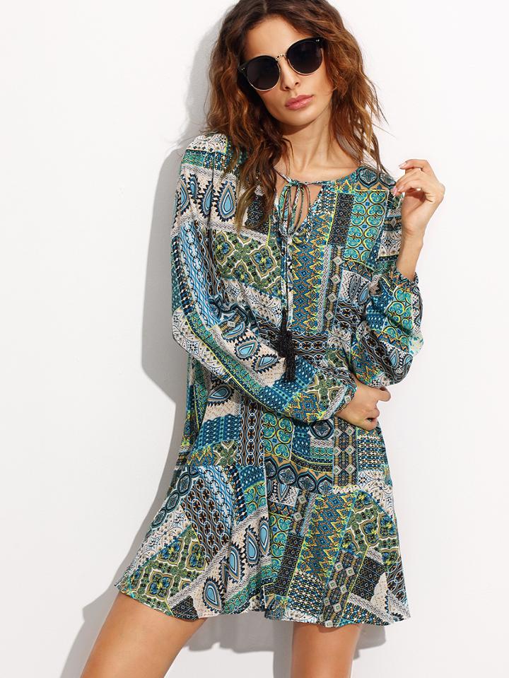 Shein Ornate Patchwork Print Tie Neck Dress