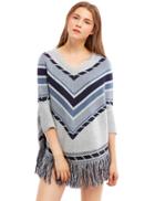Shein Grey Three Quarter Sleeve Tassel Hem Sweater