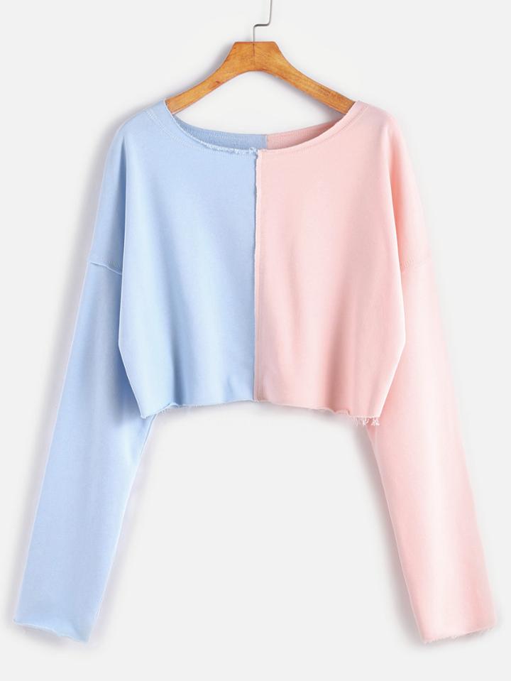 Shein Contrast Raw Edge Dropped Shoulders Crop Sweatshirt
