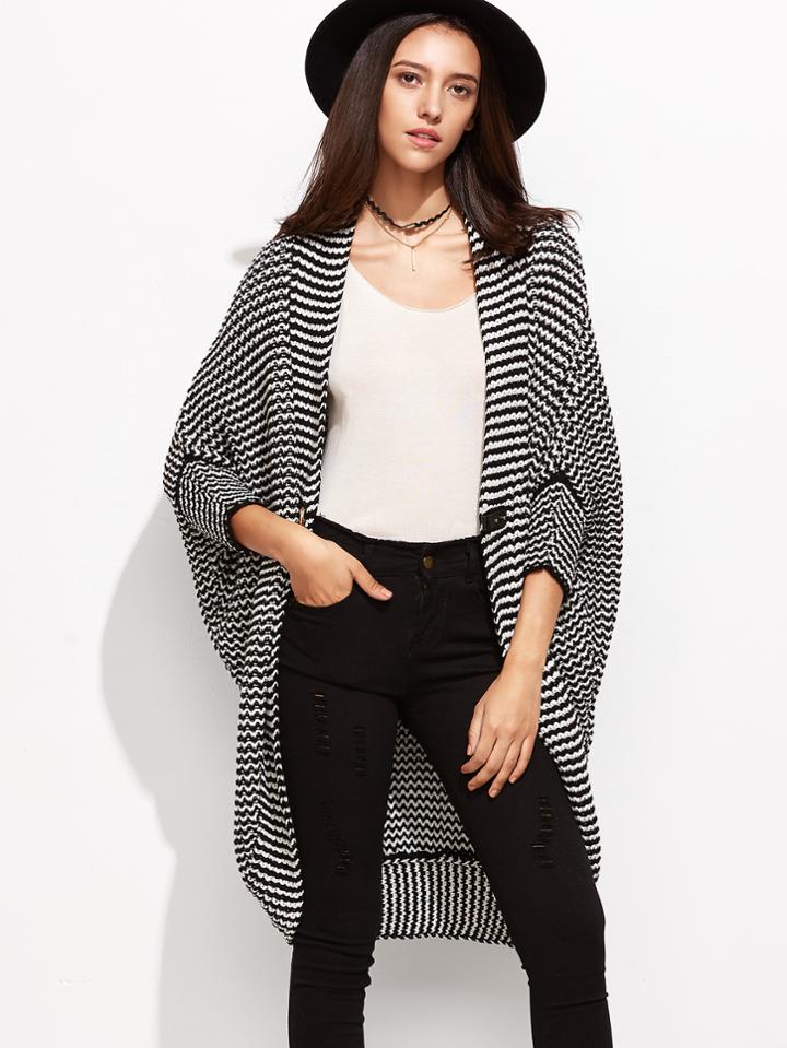 Shein Black And White Chevron Striped Hook Fastener Cocoon Sweater