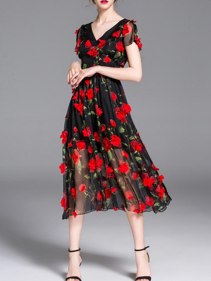 Shein Black V Neck Applique Elegant Midi Dress