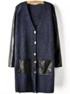 Shein Navy Contrast Pu Leather Buttons Pockets Sweater Coat