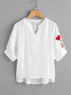 Shein Embroidered Sleeve Dot Crochet Detail Placket Top