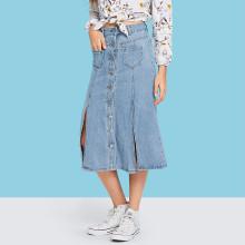 Shein Split Button Solid Denim Skirt