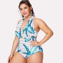Shein Plus Palm Print Grid Swimsuit