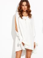 Shein White Split Side Long Sleeve Tie Cuff Dress