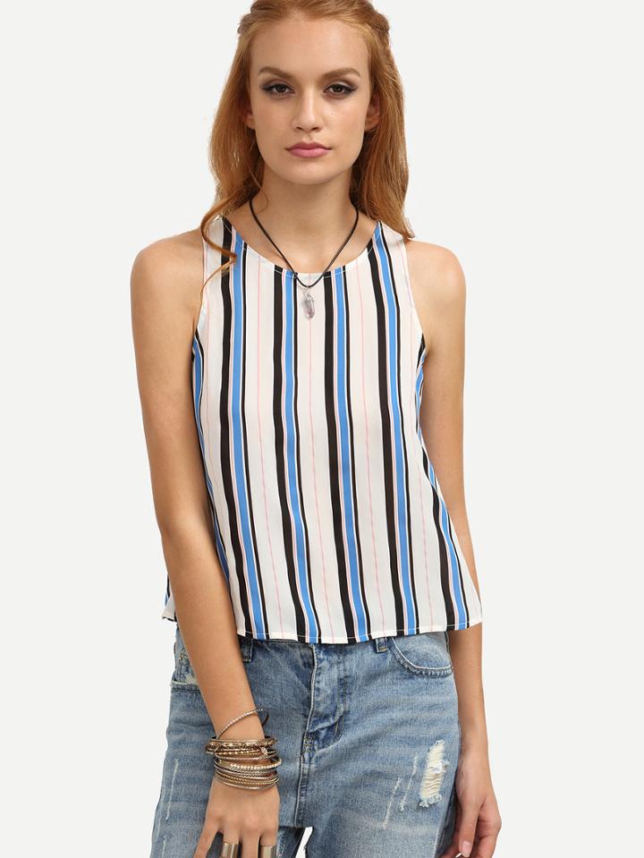 Shein Multicolor Striped Button Back Sleeveless Blouse