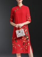 Shein Red Flowers Embroidered Shift Split Dress