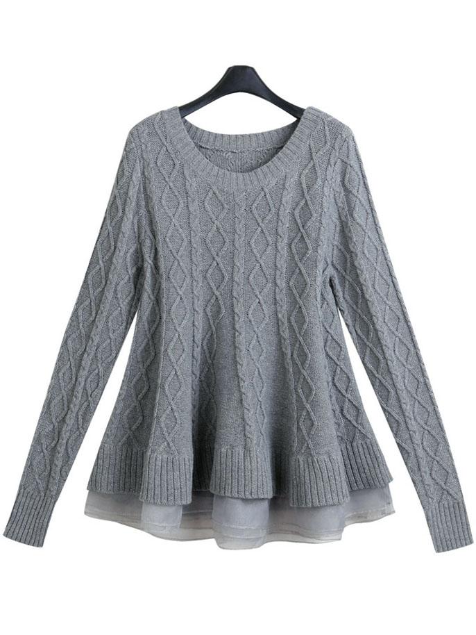 Shein Grey Round Neck Diamond Pattern Peplum Hem Sweater
