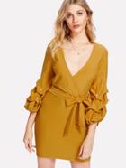 Shein Pearl Beading Gathered Sleeve Surplice Wrap Dress