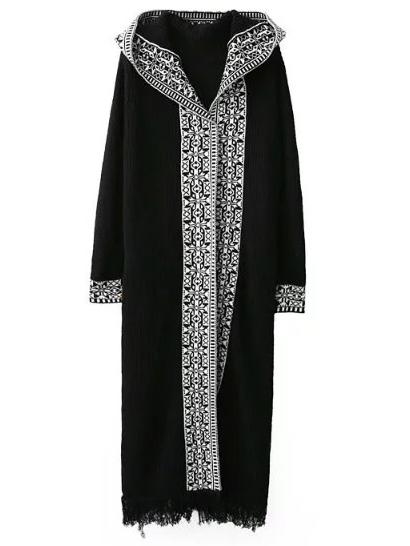 Shein Black Tribal Pattern Fringe Hem Hooded Long Cardigan