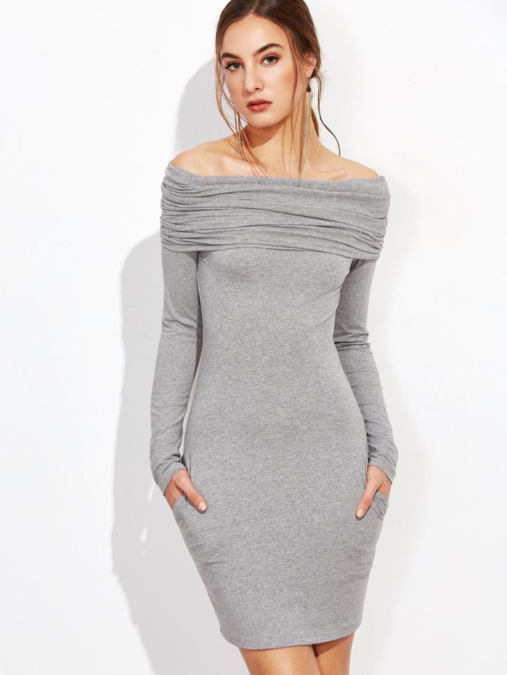 Shein Heather Grey Ruched Off The Shoulder Bodycon Dress