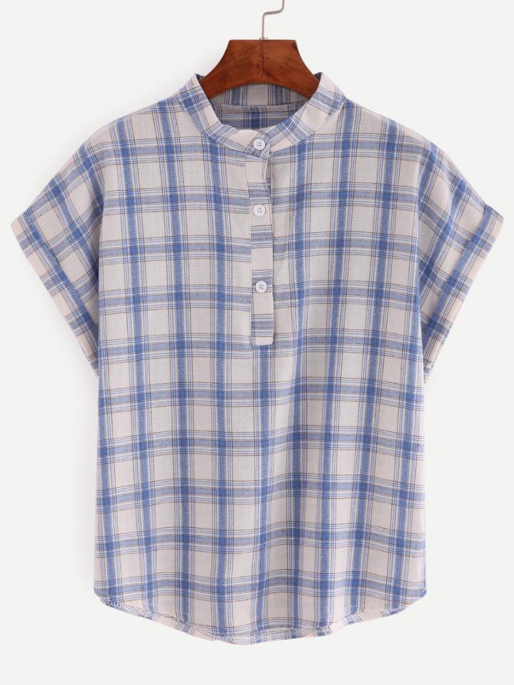 Shein Band Collar Buttoned Front Blue Plaid Blouse
