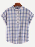 Shein Band Collar Buttoned Front Blue Plaid Blouse