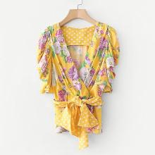 Shein Puff Sleeve Florals Belted Top