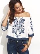Shein Blue Print In White Tie Off The Shoulder Blouse