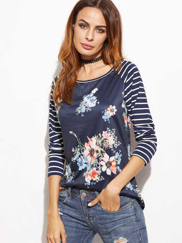 Shein Raglan Sleeve Striped Floral Print T-shirt
