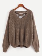 Shein Grommet Lace Up Plunge Back Chunky Knit Sweater