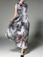 Shein Grey Cap Sleeve Flowers Print Maxi Dress