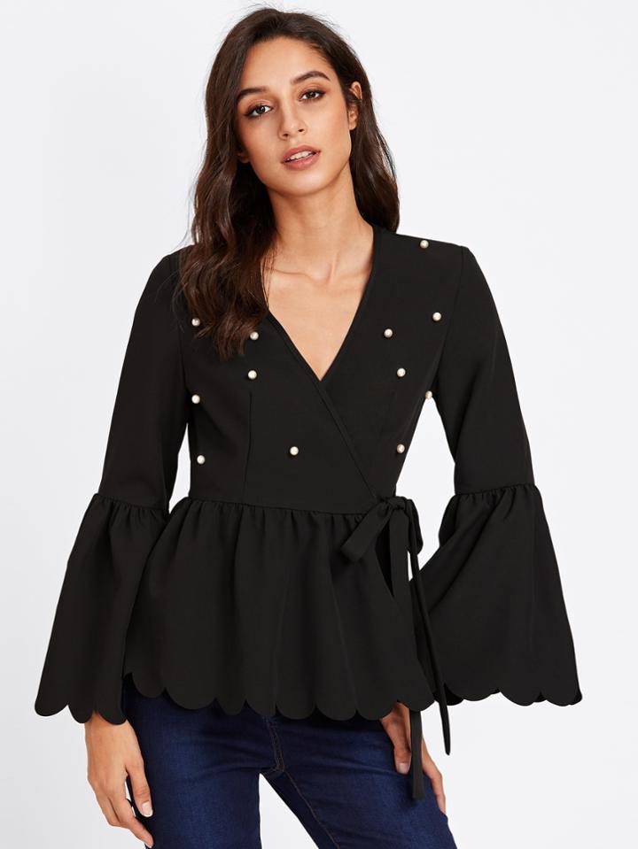 Shein Bell Sleeve Pearl Beading Scalloped Wrap Blazer