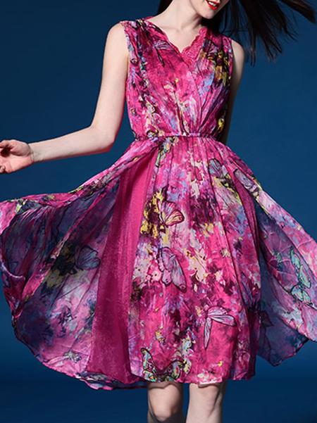 Shein Red V Neck Butterfly Print A-line Dress