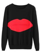Shein Black Lips Graphic Zip Detail Sweater