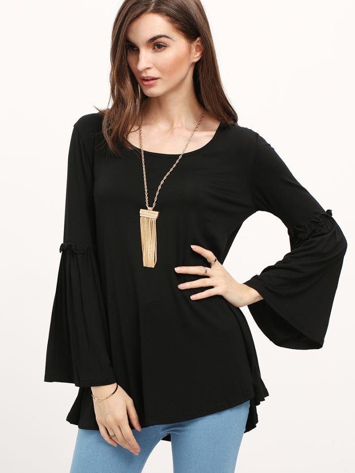 Shein Ruffle Trimmed Bell Sleeve Black T-shirt