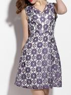 Shein Purple V Neck Backless Organza Embroidered Dress