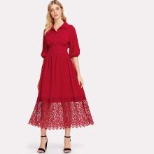 Shein Bishop Sleeve Lace Hem Wide Waist Dress