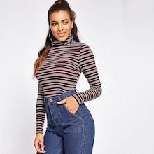 Shein Turtle Neck Striped Rib Knit Tee