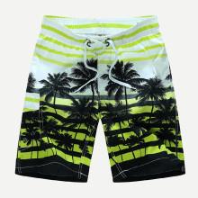 Shein Men Striped And Tropical Print Beach Shorts