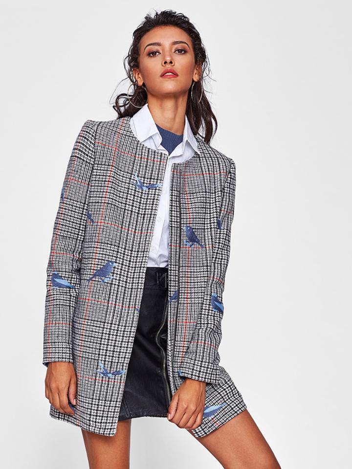 Shein Bird Embroidered Hidden Zip Plaid Coat