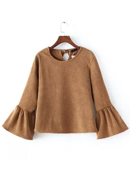 Shein Camel Bell Sleeve Crop Corduroy Blouse
