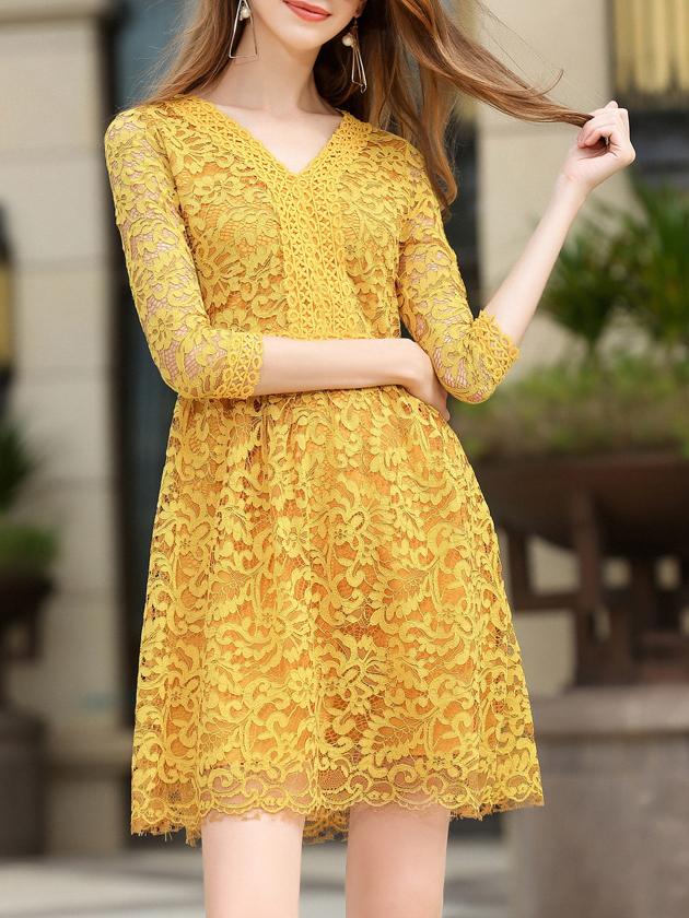 Shein Yellow V Neck Lace A-line Dress