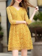 Shein Yellow V Neck Lace A-line Dress