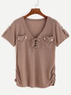 Shein Brown V Neck Lace Up Shirred Side Epaulet T-shirt