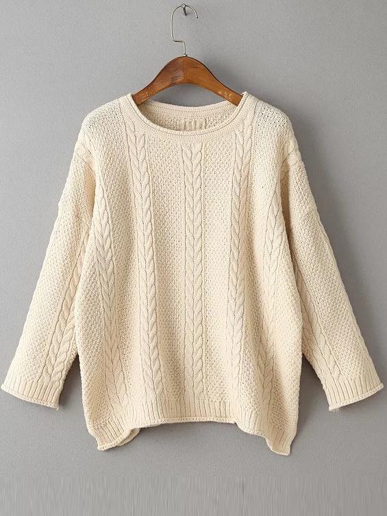 Shein Beige Drop Shoulder Side Slit Cable Knit Sweater