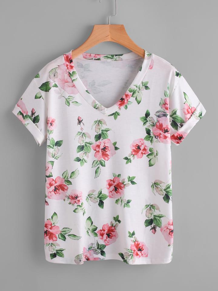 Shein V-neckline Allover Florals Tee