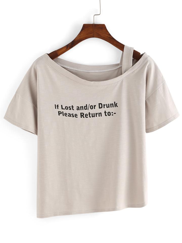 Shein Grey One-shoulder Letter Print T-shirt