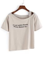 Shein Grey One-shoulder Letter Print T-shirt